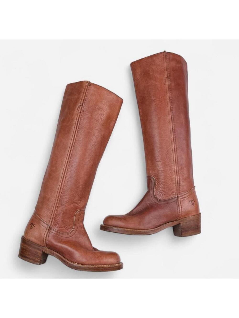 Frye 70s Campus Boots Tall Leather Stacked Heel in Cognac Brown